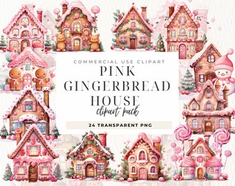 Clipart casa di pan di zenzero rosa, clipart di pan di zenzero, clipart di biscotti di Natale, Natale rosa, artigianato con carta digitale, omino di pan di zenzero Png