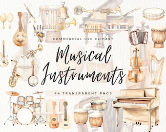 May include: A collection of watercolor illustrations of musical instruments, including a guitar, saxophone, cello, harp, piano, drums, ukulele, accordion, and more. The illustrations are in shades of brown and beige, with a white background. The text "COMMERCIAL USE CLIPART Musical Instruments 44 TRANSPARENT PNGS" is at the bottom of the image.