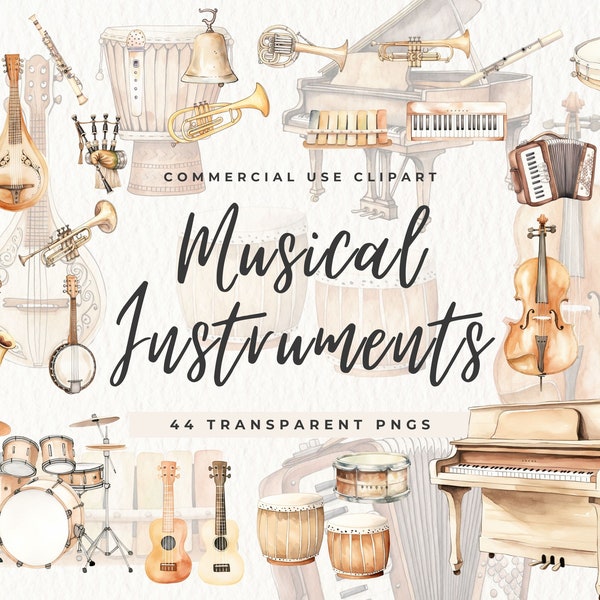 Clipart Watercolor Musical Instruments, Music Clipart, Transparent Png, Orchestra Clip art, Watercolor Style, Instant Download, Music Png