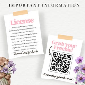 May include: A pink and white card with the text "License" and information about using clipart commercially. A second card with the text "Grab your Freebie!" and a QR code with the text "dianadesignlab.co.uk".
