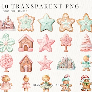Pastel Gingerbread Clipart, Gingerbread House Clipart, Pink Christmas Clipart, Watercolor Xmas, Cookie Clip art, Instant Digital Download image 3