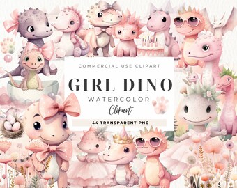 Chica Dino acuarela Clipart, Baby Shower, Dino Descarga Digital, Uso Comercial, Dinosaurios Bebé, Tiranosaurio, Cumpleaños de Acuarela Rosa