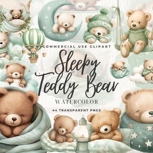 Clipart aquarelle ours en peluche endormi, baby shower, lune d'ours en peluche mignon bohème, vert menthe, baby shower, art mural chambre d'enfant, usage commercial