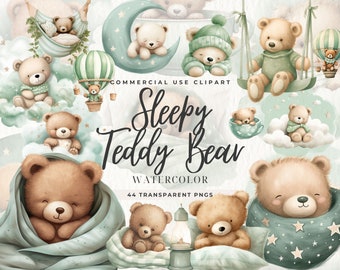 Watercolor Sleepy Teddy Bear Clipart, Baby Shower, Boho Cute Teddy Bear Moon, Mint Green, Baby Shower, Nursery Wall Art, Commercial Use