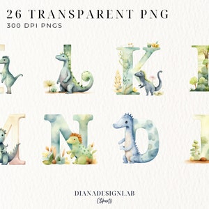 May include: Watercolor illustrations of the letters I, L, M, N, O, and P with dinosaurs and foliage. The letters are in a light blue, green, and yellow color scheme. The dinosaurs are in shades of blue and green. The foliage is in shades of green and yellow.