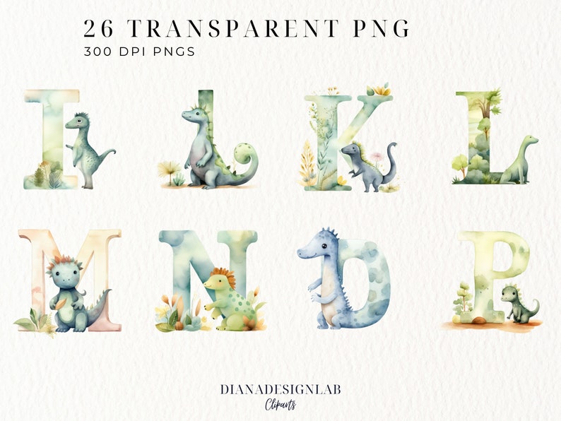 May include: Watercolor illustrations of the letters I, L, M, N, O, and P with dinosaurs and foliage. The letters are in a light blue, green, and yellow color scheme. The dinosaurs are in shades of blue and green. The foliage is in shades of green and yellow.