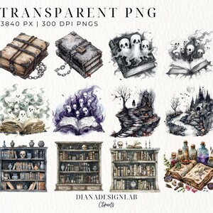 May include: A set of 44 digital illustrations featuring spooky and magical imagery, including books, skulls, ghosts, potions, and a mysterious forest scene. The illustrations are in a watercolor style and are perfect for adding a touch of magic to your projects.
