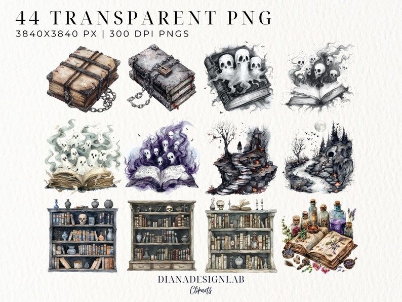 May include: A set of 44 digital illustrations featuring spooky and magical imagery, including books, skulls, ghosts, potions, and a mysterious forest scene. The illustrations are in a watercolor style and are perfect for adding a touch of magic to your projects.
