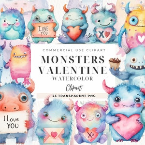 Aquarell Monster in Liebe Clipart, Baby Monster Clipart, Tropisch, Monster Einladungskarte, Valentinstag Bilder, Kinder Halloween Clip Art