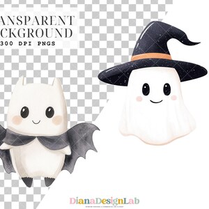 May include: Two cute Halloween characters, a white bat with black wings and a white ghost wearing a black witch hat with an orange band.