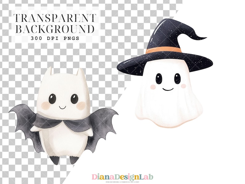 May include: Two cute Halloween characters, a white bat with black wings and a white ghost wearing a black witch hat with an orange band.