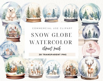 Christmas Snow Globe Clipart, Watercolor SnowGlobe Clipart, Snowman, Winter, Polar Bear Clipart, Invites, Wall Art, For Commercial Use PNG