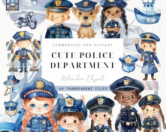 Police Watercolor Clipart, Police Officer, Birthday Police, Police Station, Girl Cop, Boy, Nursery Decor, Police Dog, Party, Commercial Use