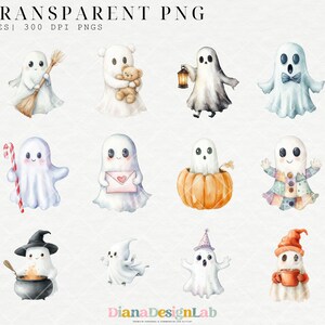 Puede incluir: Un conjunto de 12 ilustraciones digitales de fantasmas lindos en varias poses. Los fantasmas son blancos con ojos y bocas negras. Est&aacute;n sosteniendo varios objetos, como bastones de caramelo, escobas y calabazas. Las ilustraciones son perfectas para manualidades y proyectos de Halloween.