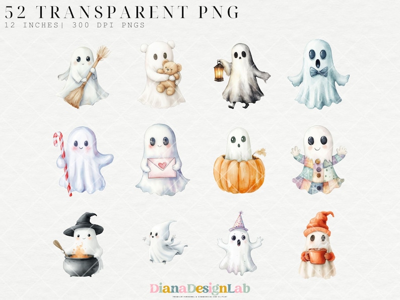 Puede incluir: Un conjunto de 12 ilustraciones digitales de fantasmas lindos en varias poses. Los fantasmas son blancos con ojos y bocas negras. Est&aacute;n sosteniendo varios objetos, como bastones de caramelo, escobas y calabazas. Las ilustraciones son perfectas para manualidades y proyectos de Halloween.