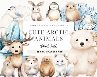 Winter Wonderland Clipart, DIGITAL DOWNLOAD, Kawaii Arctic Animals Set, Cute Baby Polar Bear Watercolor Graphic, North Pole Commercial Use