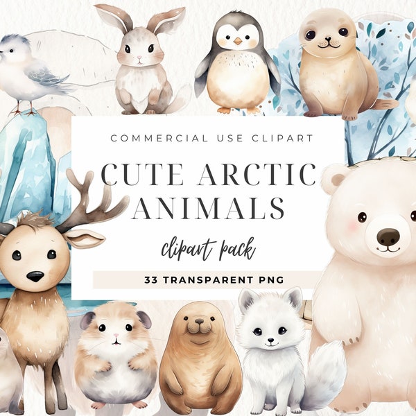 Winter Wonderland Clipart, DIGITAL DOWNLOAD, Kawaii Arctic Animals Set, Cute Baby Polar Bear Watercolor Graphic, North Pole Commercial Use