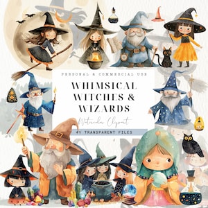 Zauberer und Hexe Aquarell Clipart, kommerzielle Nutzung, Clip Art der Zauberschule, Zauberstäbe, Halloween, wunderliche Hexen, Eule, kommerzielle Nutzung
