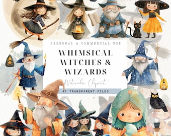 Wizard and Witch Watercolor Clipart, Commercial Use, Magic School Clip Art, Wands, Halloween, Whimsical Witches, Owl, Commercial Use