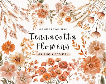 Terracotta Flower Clipart, Autumn Watercolor Bohemian, Fall Wedding, Dried Flowers, Boho Wedding Floral, Orange & Brown, Commercial Use