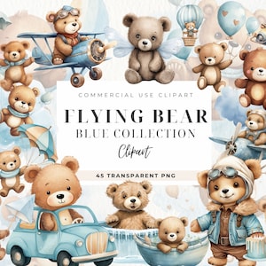 Fliegender Bär Clipart, digitaler Download, Reisender, Blauer Teddybär, kleiner Bär, Junge Aquarell-Baby-Dusche Clipart, süßer Pilot, Kinderzimmer Dekor