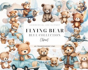 Flying Bear Clipart, Digital Download, Traveler, Blue Teddy Bear, Little Bear, Boy Watercolor Baby Shower Clipart, Cute Pilot, Nursery Decor