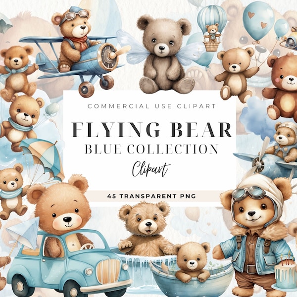 Flying Bear Clipart, Digital Download, Traveler, Blue Teddy Bear, Little Bear, Boy Watercolor Baby Shower Clipart, Cute Pilot, Nursery Decor