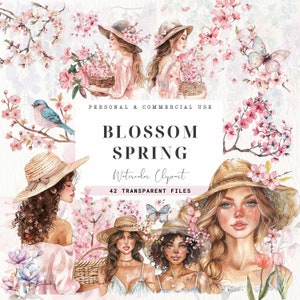 Clipart fleur de printemps, usage commercial, aquarelle florale de fleurs printanières, fleur de cerisier, mode féminine, romantique, fleurs roses