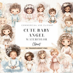 Cute Baby Angel Clipart, Download digitale, Baby Shower, Wing Girl Png, Uso commerciale, Anello angelo della Natività, Neonato, Neonato acquerello