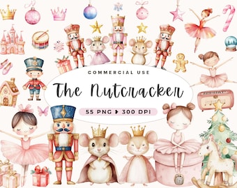 May include: Watercolor illustrations of a Nutcracker, ballerina, mice, and other Christmas-themed elements. The illustrations are in a whimsical style and feature a variety of colors, including pink, blue, green, and gold. The text "The Nutcracker" is written in a decorative font.