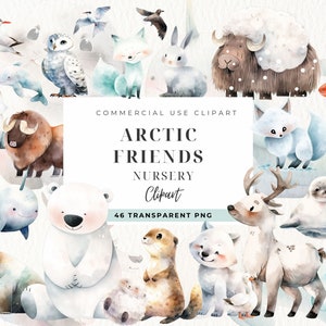 Arctic Animals Watercolor Clipart, Penguins, Winter Holiday Graphic, Winter Clip art, Polar Bear Images, Wonderland, Commercial Use