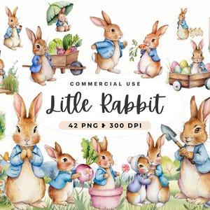 Imágenes prediseñadas de Peter Rabbit, diseño de baby shower, fabricación de tarjetas de bricolaje, conejo de acuarela PNG, conejito lindo, estilo de Beatrix Potter, primavera, diario basura