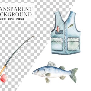 May include: A watercolor illustration of fishing gear, including a fishing rod, a blue fishing vest with pockets, and a silver fish.