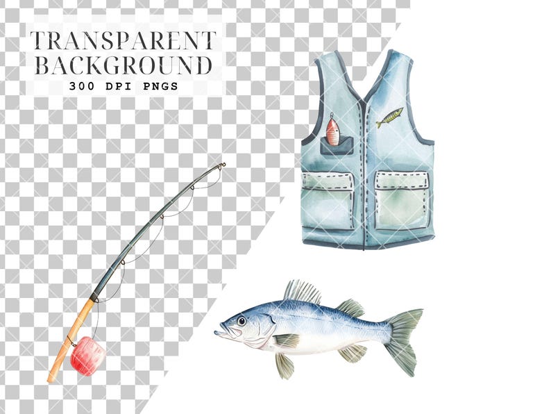 May include: A watercolor illustration of fishing gear, including a fishing rod, a blue fishing vest with pockets, and a silver fish.