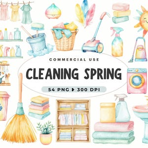 May include: A set of 54 watercolor illustrations featuring cleaning supplies, laundry items, and spring-themed elements. The illustrations include a broom, a bucket, a vacuum cleaner, a washing machine, a feather duster, a spray bottle, a sponge, a bar of soap, a trash can, a clothes hamper, a clothesline, a clothes rack, a towel, a plant, a sun, and a jar. The illustrations are perfect for creating spring cleaning themed crafts, cards, and other projects.