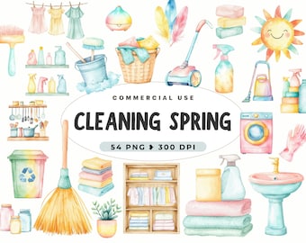 Spring Cleaning Clipart, Laundry, Digital Download, Watercolor Household, Stickers, PNG, Household Tasks, Daily Life, Digital Planner Girl