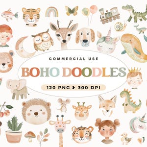 Boho baby aquarel clipart, kinderkamer dieren illustraties, pasgeboren boho kind doodle, babyshower png, maankind, schattige dieren, sublimatie ontwerp