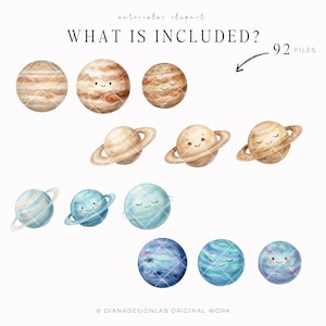 May include: Watercolor clipart featuring illustrations of planets with smiling faces. The image includes planets like Jupiter, Saturn, and Uranus, with details such as rings and cloud patterns. Text at the top reads "WHAT IS INCLUDED?" and "92 FILES".