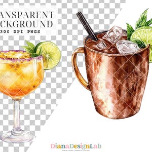 May include: Two watercolor illustrations of cocktails. The first is a margarita with a salted rim, a lime wedge, and a sprig of mint. The second is a Moscow Mule with a copper mug, ice cubes, a lime wedge, and a sprig of mint.
