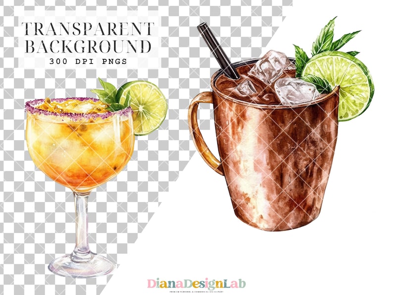 May include: Two watercolor illustrations of cocktails. The first is a margarita with a salted rim, a lime wedge, and a sprig of mint. The second is a Moscow Mule with a copper mug, ice cubes, a lime wedge, and a sprig of mint.