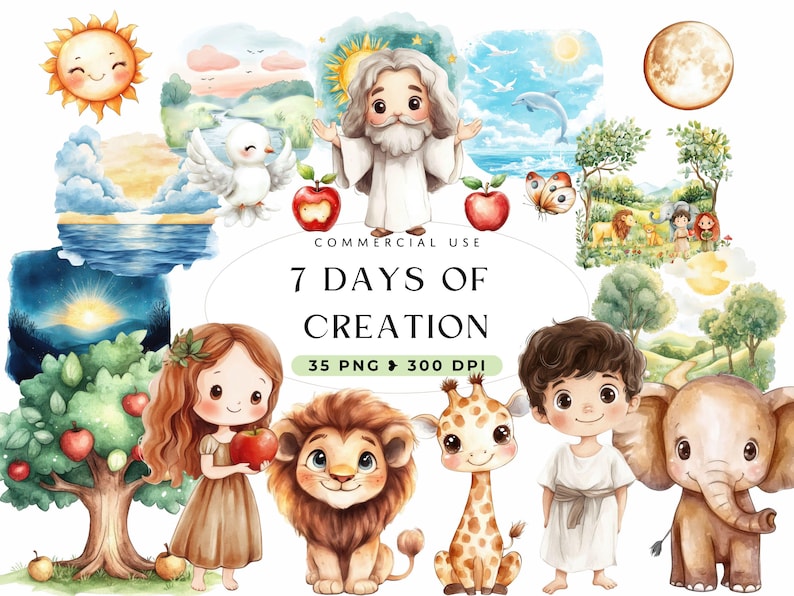 7 Days of Creation Clipart, Sunday School, Biblical Characters, Watercolor Clip Art, Bible Story, Adam and Eve, Kids Bible Images, Christian image 1