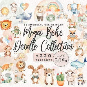 Boho Baby Aquarell Clipart, Mega Bundle, Kinderzimmer Tier Clip Art, Neugeborene Boho Kid Doodle, Babyparty PNG, Mond Kind, süßes Tier