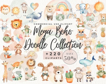 Clipart de aquarela de bebê boho, Mega Bundle, Clip Art de animal de berçário, Doodle de criança boho recém-nascida, Chá de bebê PNG, Criança lua, Animal fofo