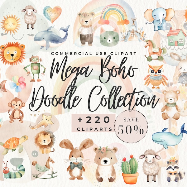 Boho Baby Aquarell Clipart, Mega Bundle, Kinderzimmer Tier Clip Art, Neugeborene Boho Kid Doodle, Babyparty PNG, Mond Kind, süßes Tier