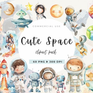 Clipart espace aquarelle astronaute, chambre d'enfant astronaute, planètes Clip Art, jolie fusée, Ovni, téléchargement numérique, étoiles et lune PNG