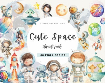 Watercolor Astronaut Space Clipart, Astronaut Nursery, Planets Clip Art, Cute Rocket, Ovni, Digital Download, Stars and Moon PNG