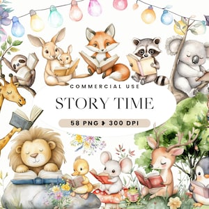 Clipart de animales leyendo en acuarela, decoración infantil, amante de los libros, un nuevo capítulo, ratón de biblioteca, cuentos, ilustraciones adorables para ratones de biblioteca, baby shower