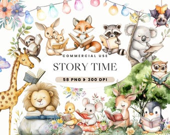 Animals Reading Watercolor Clipart, Nursery Decor, Book Lover, A New Chapter, Bookworm, Storybook, Cute Bookworm Illustrations, Baby Shower