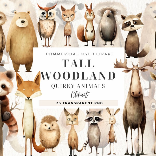 Quirky Woodland Animals Clipart, Tall Animals, Long legs, Memory Books, Card Making, Commercial Use, Fantasy Junk Journal, Whimsical Element