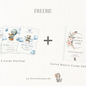 May include: A digital mockup of three baby shower invitations featuring a blue and white color scheme with a teddy bear in a hot air balloon and a teddy bear in an airplane. The text on the invitations reads "Oh Baby", "Baby Shower", and "A Little One is on the Way". The image also includes a Canva Basics Guide PDF with a floral design and the text "Canva Basics Guide".